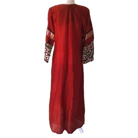Embellished Caftan Womens Vintage Ethnic Red Black Zip Gold Threading Block Dyed - Picture 3 of 15